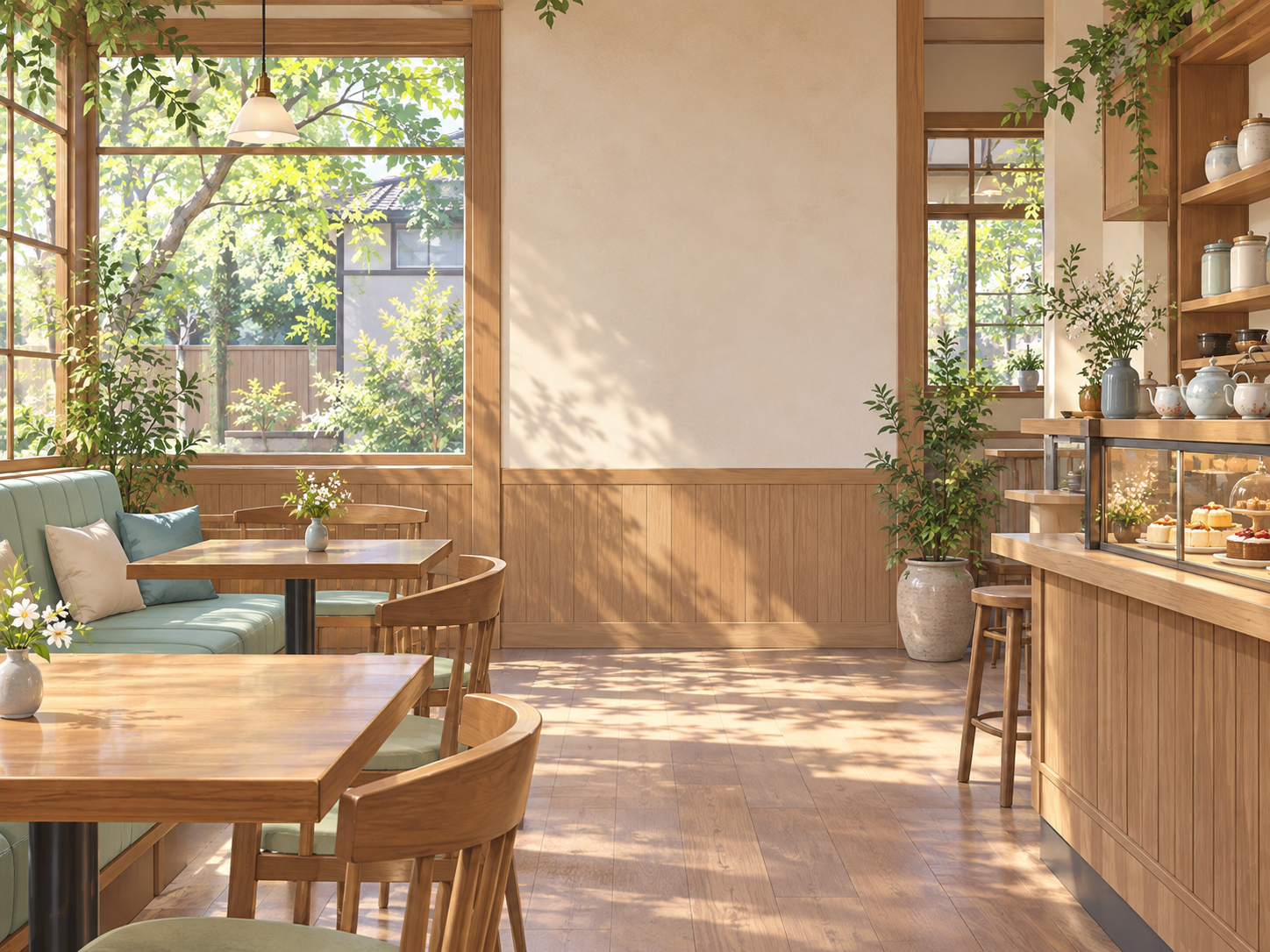 Sunlight falling across the tables and plants in a quiet café