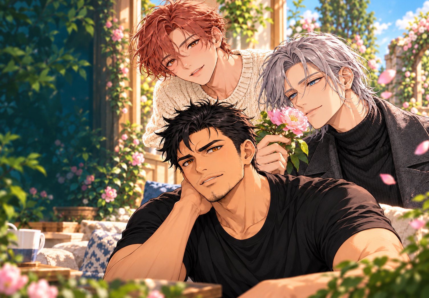 Minato in his cream sweater, Daichi in a black T-shirt, and Rei in a dark coat, together in a sunlit garden