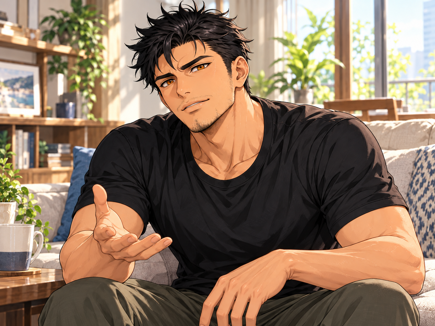 Daichi offering a hand from a sofa in a sunny living room