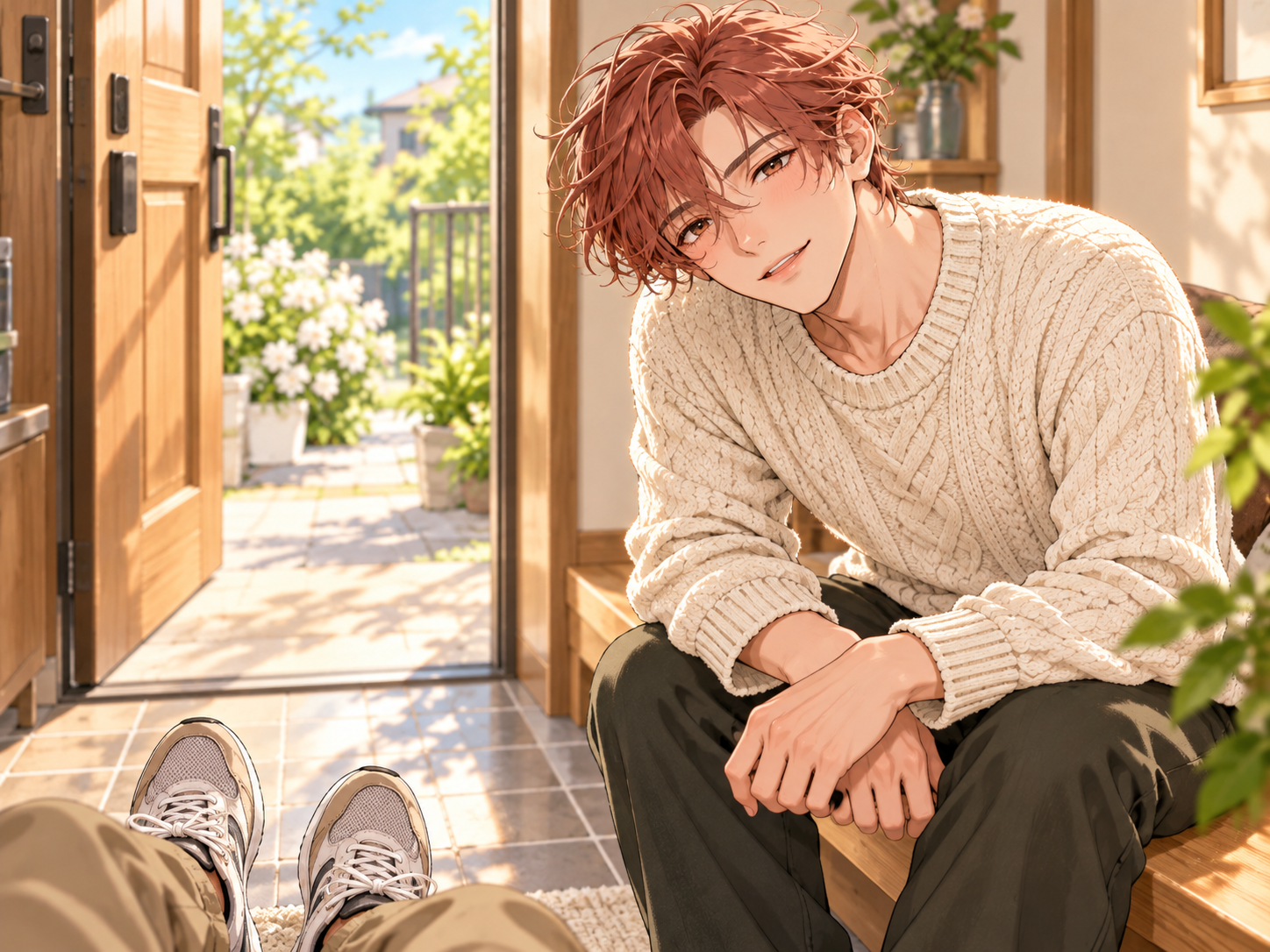 Minato leaning forward at an open, sunlit doorway, with shoes waiting at the entrance