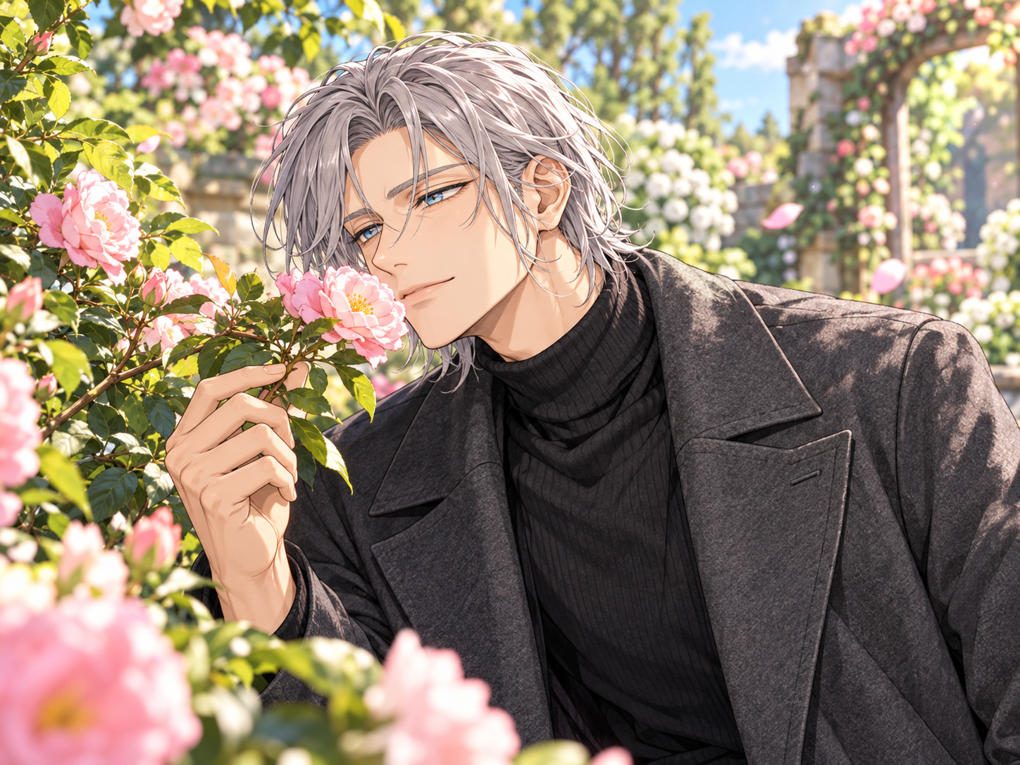 Rei looking over a pink flower in the garden